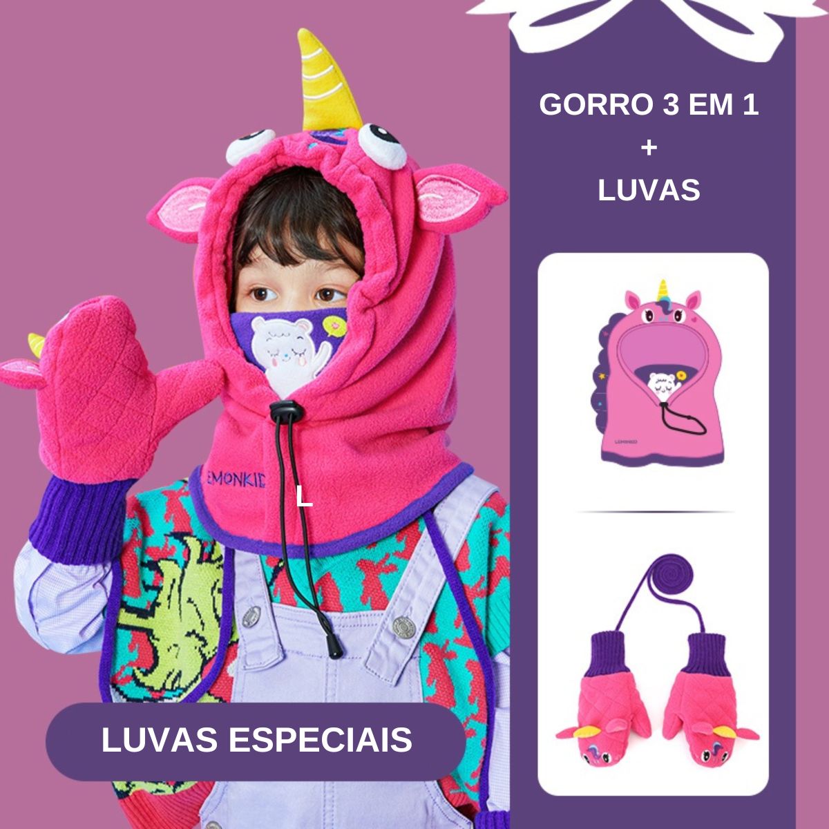 Gorro Infantil 3 em 1 para Inverno + Luvas