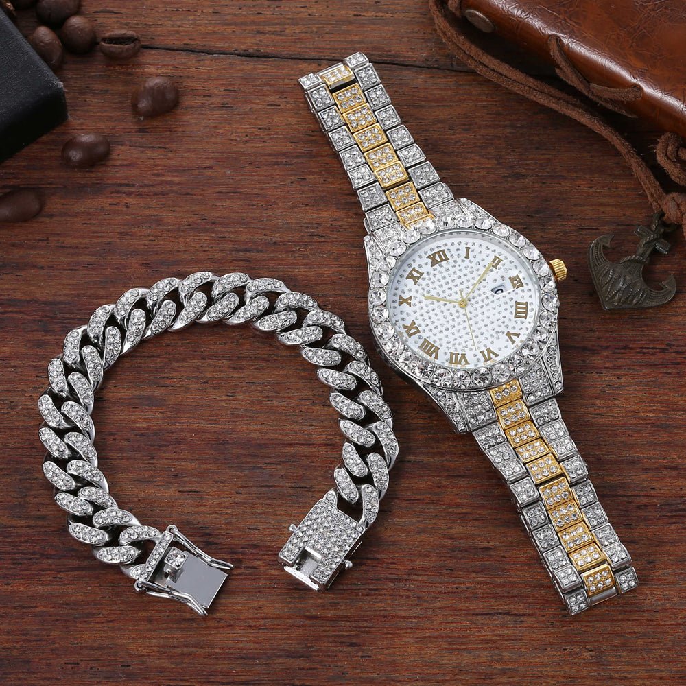 Conjunto de Relógio de Diamante Cravejado + Pulseira - OXOP