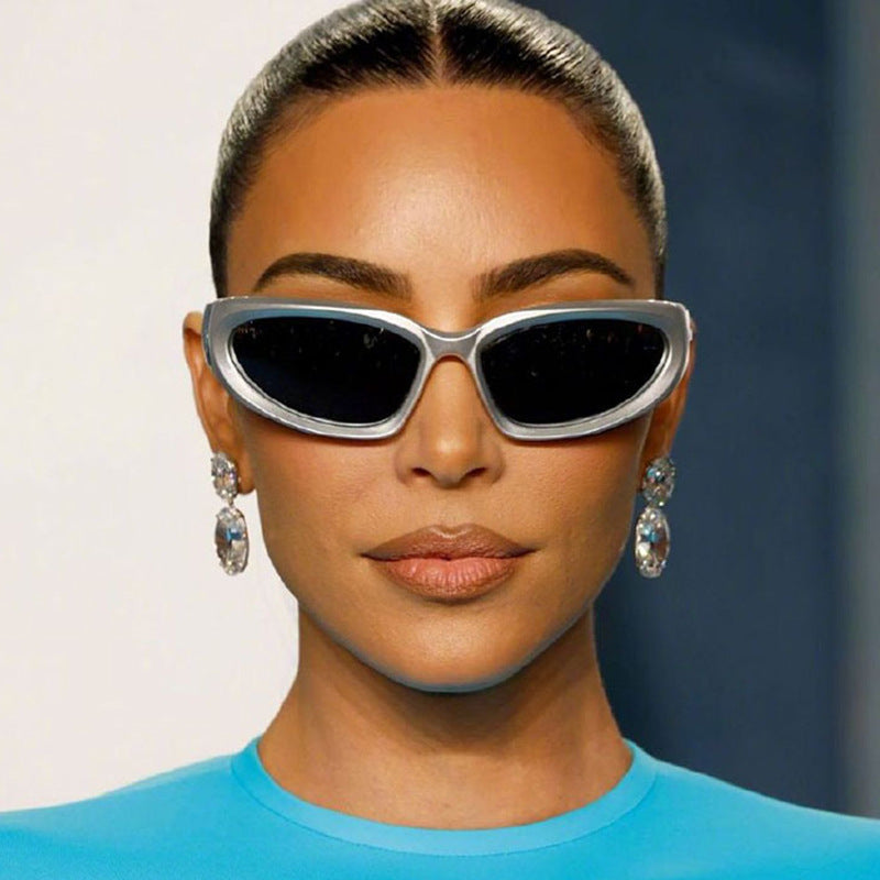 Moda Wrap Around Cyber Y2k Óculos de sol Mulheres Prata Oval